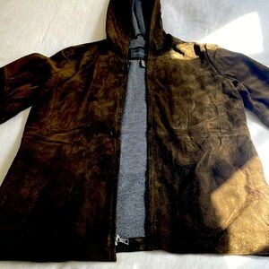 MENS Vintage Banana Republic Fall Hooded Jacket, Brown Suede w/ soft grey lining